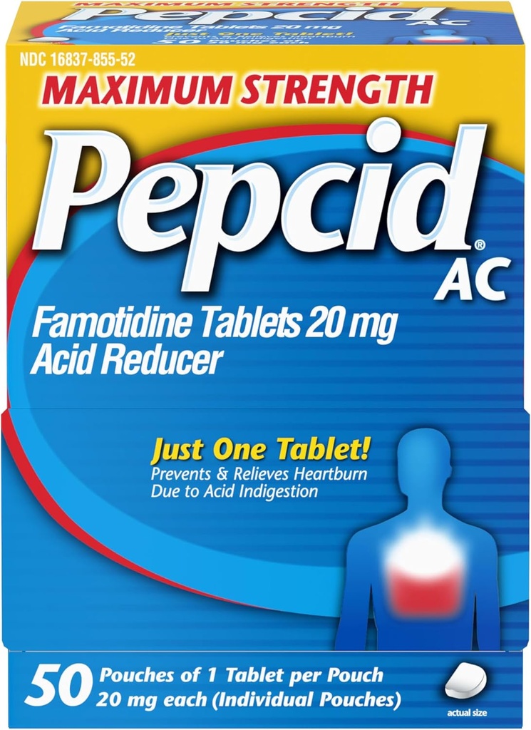 Pepcid AC Maximálna sila Pálenie záhy Relief Tablety, OTC medicína Zabraňuje a zmierňuje Pálenie záhy a reflux kyseliny Vzhľadom na kyslé poruchy trávenia, 20 mg kyselina famotidínová Redukcia, rýchle pôsobenie, 1 x 50 ot