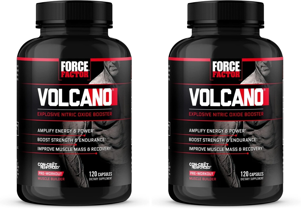 Force Factor Volcano Pre cvičenie Oxid oxidu dusnatého Booster doplnok pre mužov s kreatínom a L- Citrulín Boost a energie, pomôcť budovať svalovú hmotu, lepšie čerpadlo a cvičenie, 120 kapsule (Stock of 2)