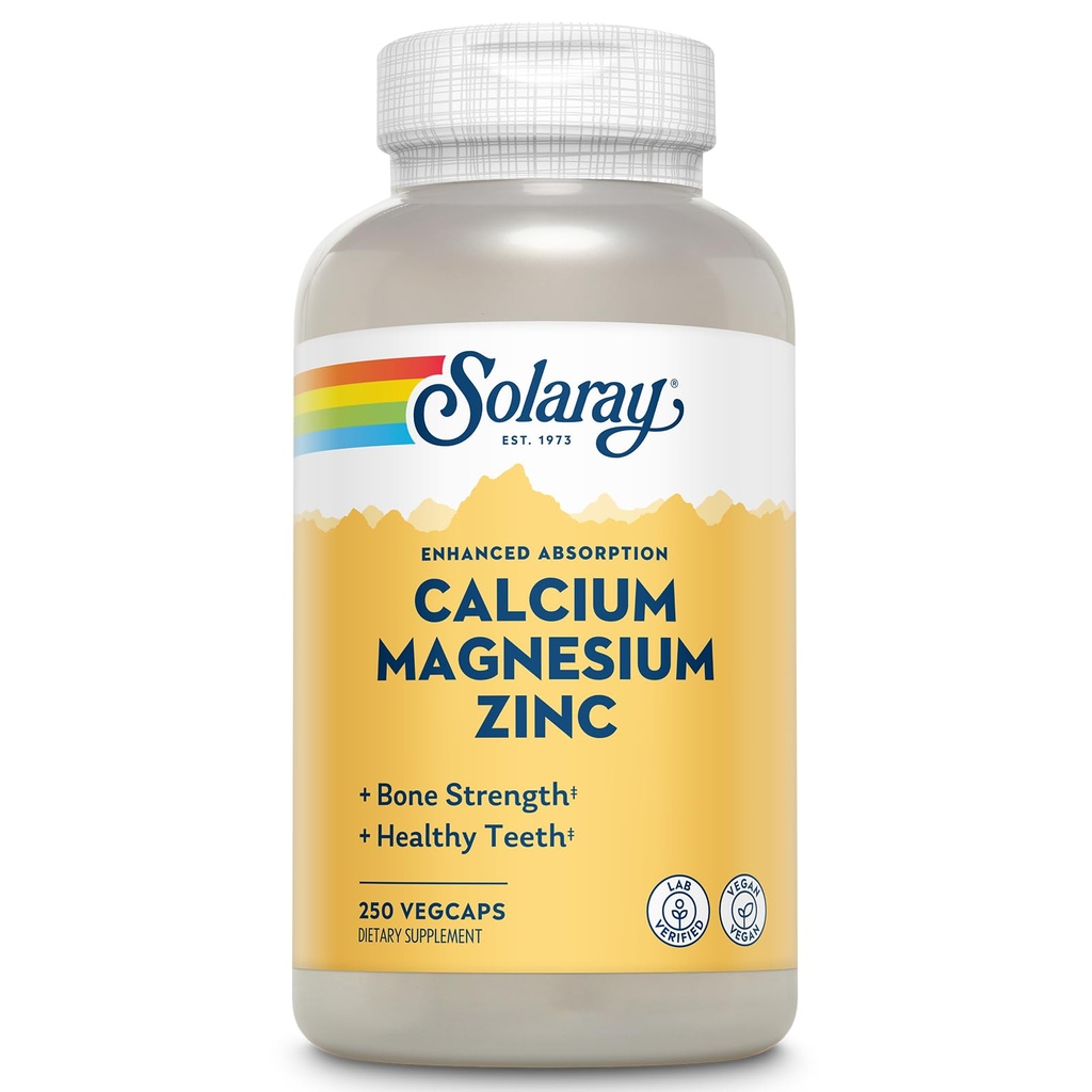SOLARAY vápnik Magnézium Zinok doplnok - s vápnikom 1000 mg, horčík 500mg - Kosť zdravie, svalová funkcia, zdravie srdca a imunitnej podpory - Vegan, 60 Day Záruka, 62 Servings, 250 VegCaps