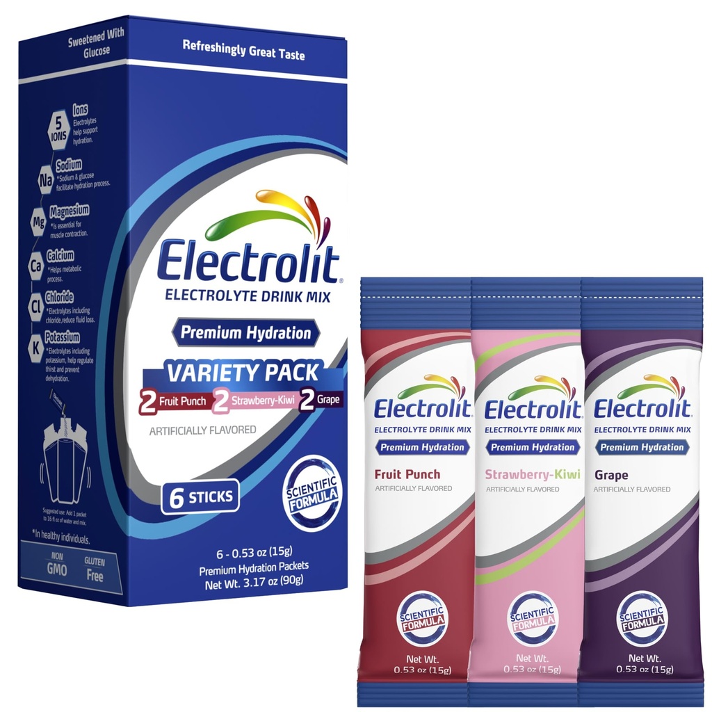 Electrolit Electrolytes prášok balíčky, odroda 8 balenie, práškové hydratačné balíčky na dehydratáciu a rehydratáciu, post cvičný ochutený hydratačný nápoj Mix, lepidlo zadarmo vodolepky