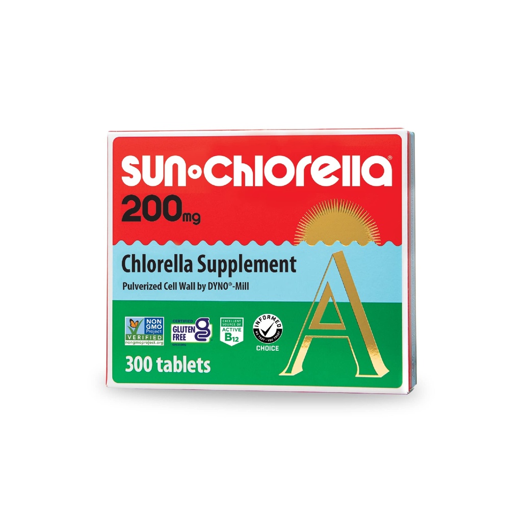 Sun Chlorella 200 mg Green Algae Superfood Supplement - Pulverized Cell Wall - Chlorofyl, CGF, Active B12, Železo, Protein - non-GMO - 300 Tablety