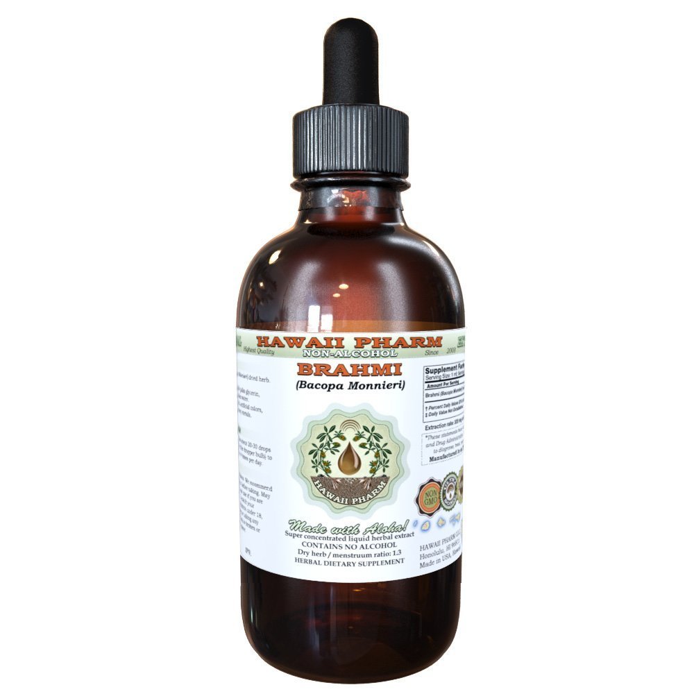 Brahmi Liquid Extract bez obsahu alkoholu, Organic Brahmi Liquid (Bacopa Monnieri) Celý sušený bylinný glycerit Hawaii Pharm Natural Herbal Supplement 2 oz