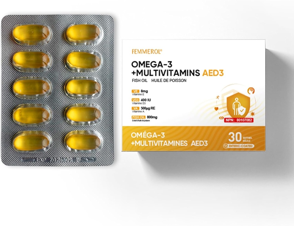 Multivitamíny s Omega-3, multivitamín pre ženy a mužov, enterický rybí olej DHA/EPA s vitamínom A, vitamínom E a vitamínom D3 pre podporu imunitnej funkcie (1 box 30 softgels)