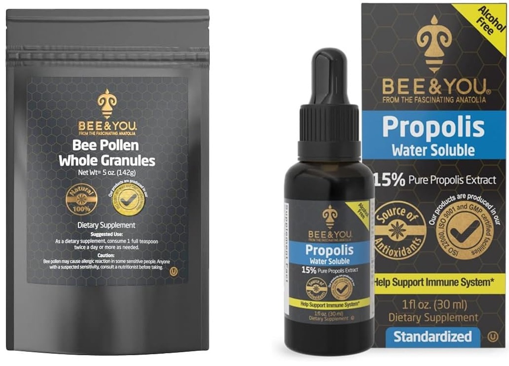 BEE a vy Bundle, Bee Pollen Granulát, 5oz Bag, s 100% Natural Propolis extrakt kvapky, Ultra Pure, Immune Suplement, Superfood, Antipxidants, Vitamíny,
