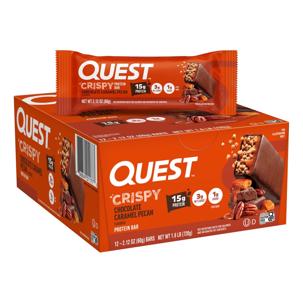 Quest Nutrition Crispy Chocolate Caramel Pecan Hero Protein Bar, 15g Protein Bar, 1g Cukor, 3g Net Carb, Gluten Free Protein Snack, Keto Friendly, 12