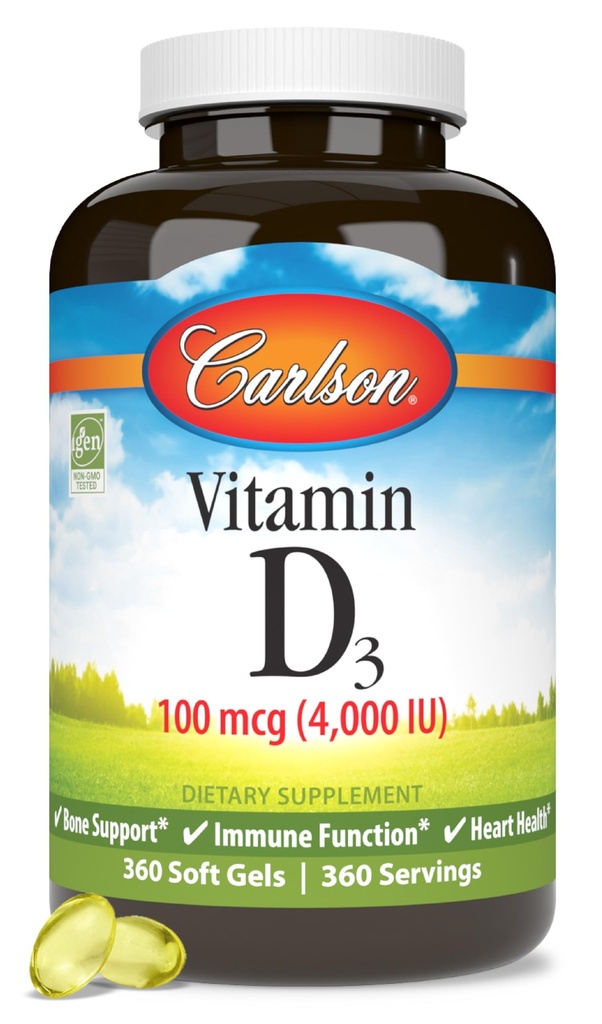Carlson - vitamín D3, 4000 IU (100 μg), zdravie kostí a imunity, cholekalciferol Supplement, kapsuly bez gluténu vitamín D, 360 softgelov