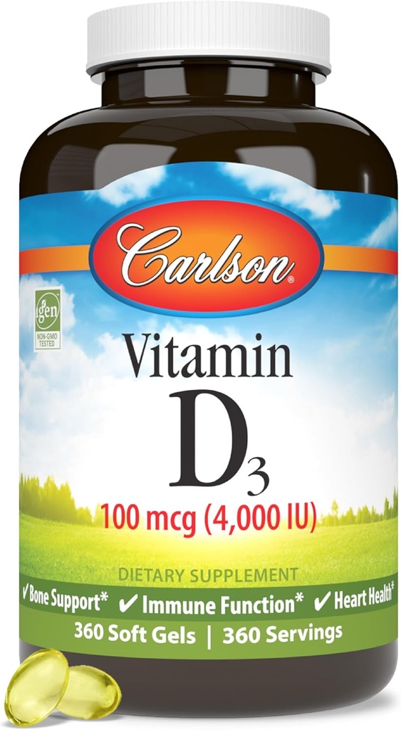 Carlson - vitamín D3, 4000 IU (100 μg), zdravie kostí a imunity, cholekalciferol Supplement, kapsuly bez gluténu vitamín D, 360 softgelov