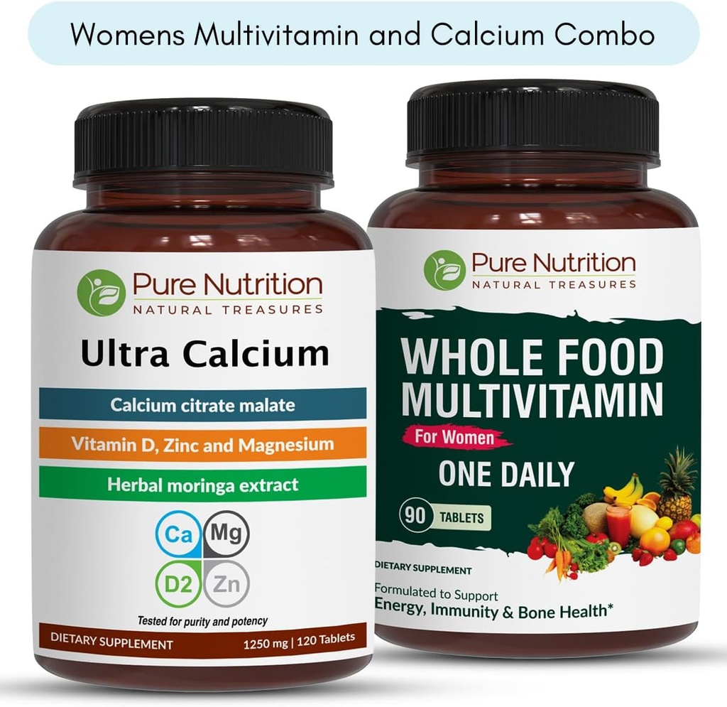 Pure Nutrition Ultra Calcium 1000mg a celé jedlo Ženy Multivitamíny 1500mg pre zdravé kosti, kĺby a celkový Wellness. Ultra Calcium 120 Tabs + Ženy Multivitamíny 90 Tabs.
