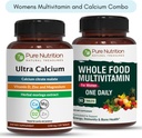 Pure Nutrition Ultra Calcium 1000mg a celé jedlo Ženy Multivitamíny 1500mg pre zdravé kosti, kĺby a celkový Wellness. Ultra Calcium 120 Tabs + Ženy Multivitamíny 90 Tabs.