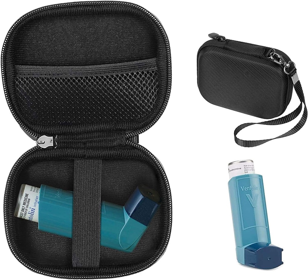 CaseSack Astma Inhaler Puzdro na držiak, Kompaktné a pevné puzdro na šikovný inhalátor pre dospelých a deti, s Izby pre tabletky a iné základné (čierna)