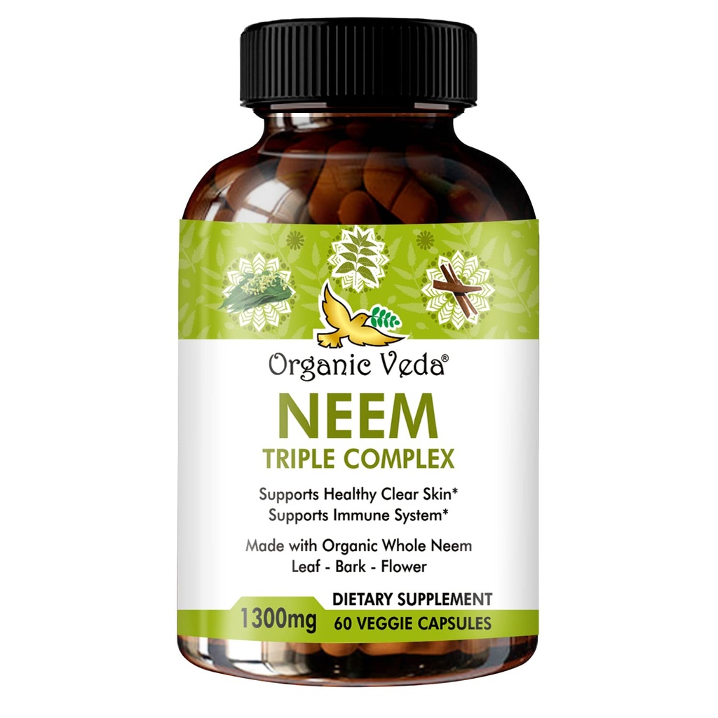 Organické Veda Neem kapsule s Triple Complex Neem Leaf Extract, Bark & Flower - Bylinné doplnky Boosts Imunita, Zlepšuje zažívanie, zdravie kože a podpora Čistenie - 60 Počet