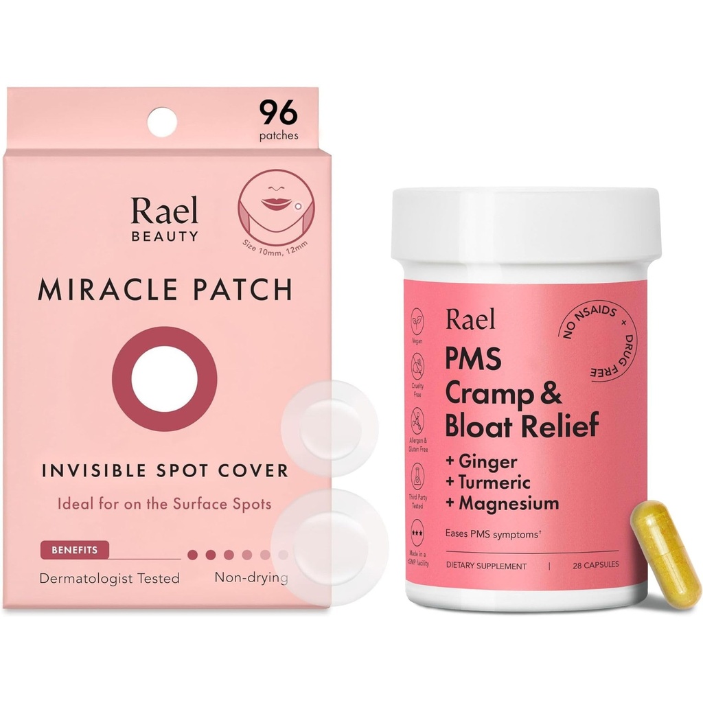 Rael Bundle - Neviditeľný Spot Cover Pimple Patches (96 Gróf) a PMS Supplement pre Ženy (28 kapsúl)