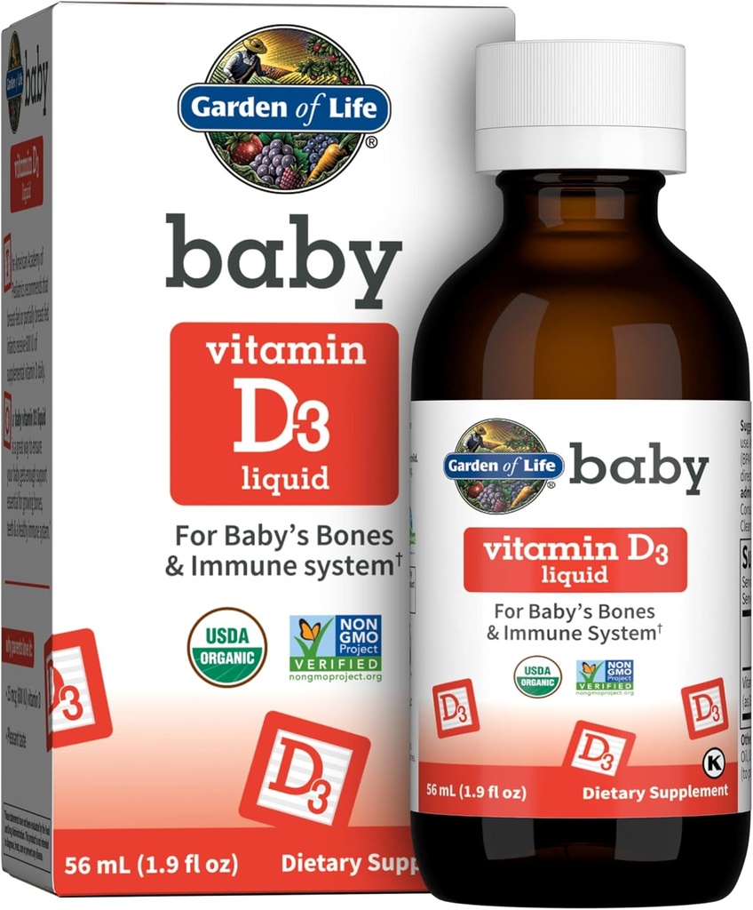 Záhrada života Detský vitamín D3 Tekutý, 600 IU (15 μg) Organický tekutý vitamín D pre dojčatá a batoľatá, Podpora detského kosť a imunitný systém, bezlepok a bez GMO, 56 ml (1,9 fl oz) Tekutý