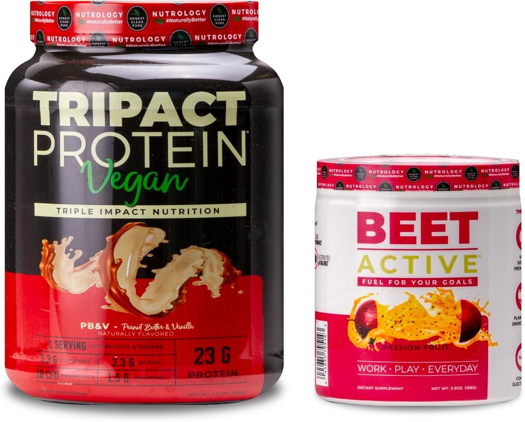 Nutrológia TRIPACT Vegan Protein Powder, for Vegan Protein Shakes, Arašidové maslo Vanilla (20 Servings) & Repeet Active, Natural Pre-Workout Powder, Passion Fruit Flavor (30 Servings)