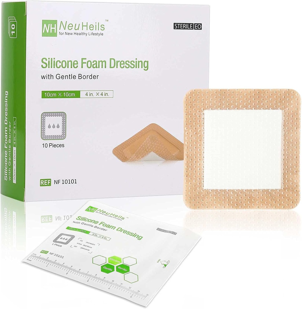 NeuHeils Silikónová adhezívna pena oblečená jemným okrajom 4'x4' pre Bed Sore Leg Ulcer 10 Pack, vysoká absorbencia vodeodolná silikónová rana