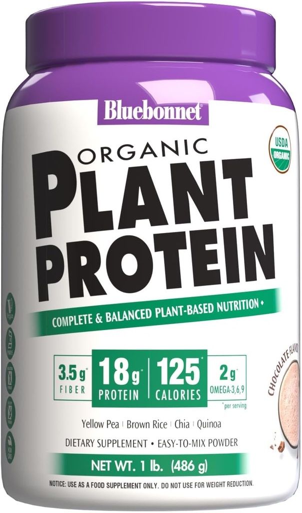Bluebonnet Nutrition Organic Plant Protein - 18g Protein, 3,5g Fiber 
