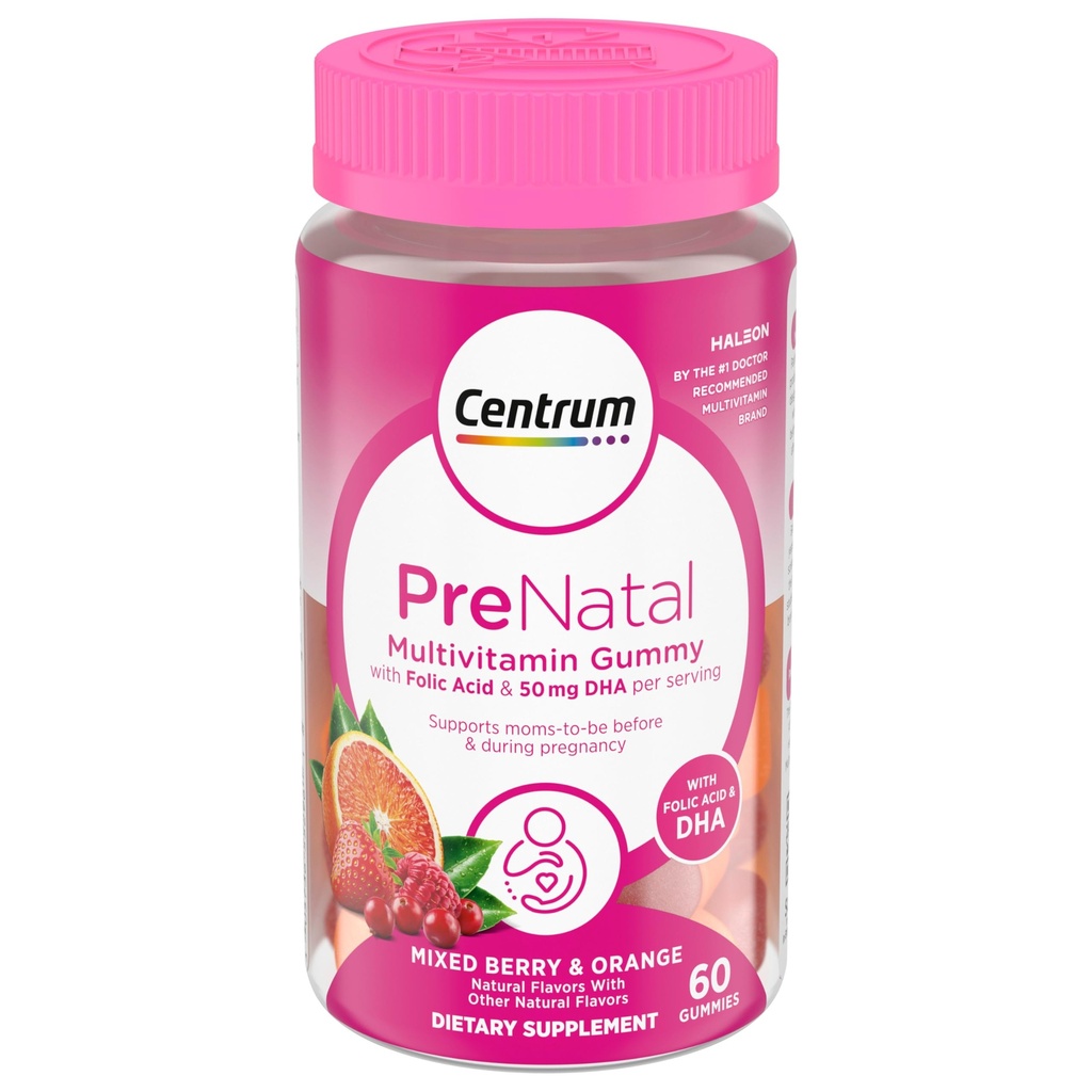 Centrum prenatálnych multivitamínových guličiek s DHA a kyselinou listovou, zmiešané Berry a oranžové príchute - 60 gróf, 30 dní