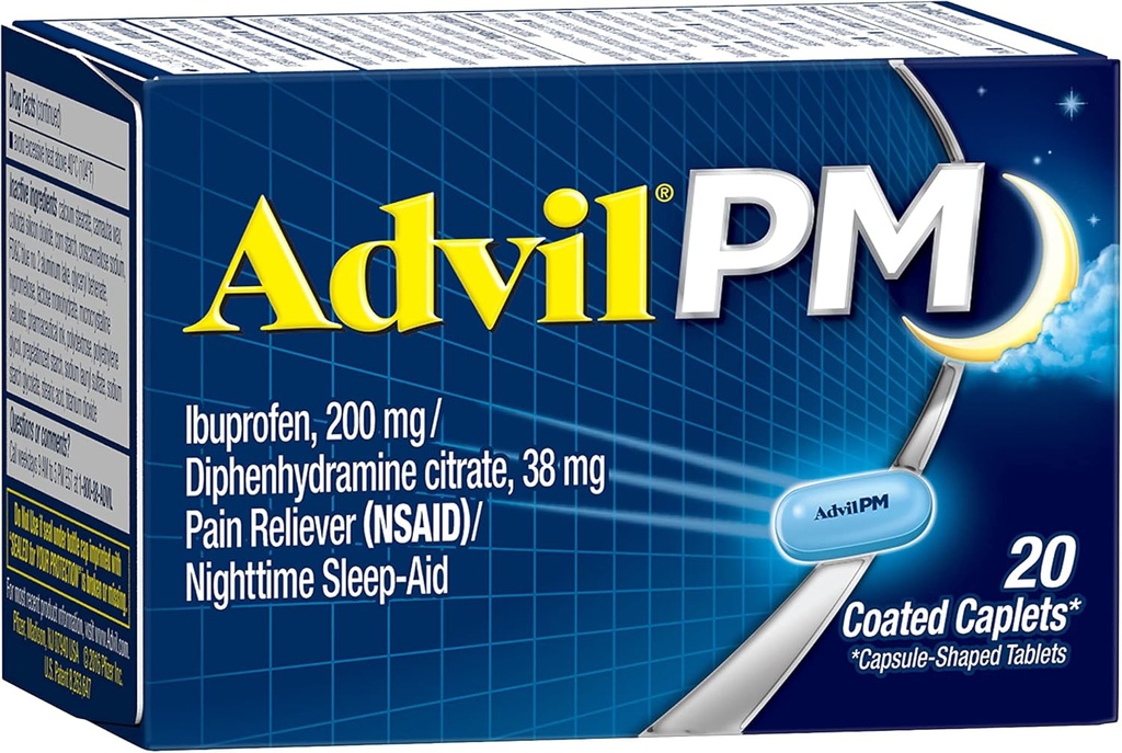 Advil PM (20 gróf) Bolesť Reliever/Nighttime Sleep Aid Coated Caplet, 200mg Ibuprofen, 38mg Difenhydramín