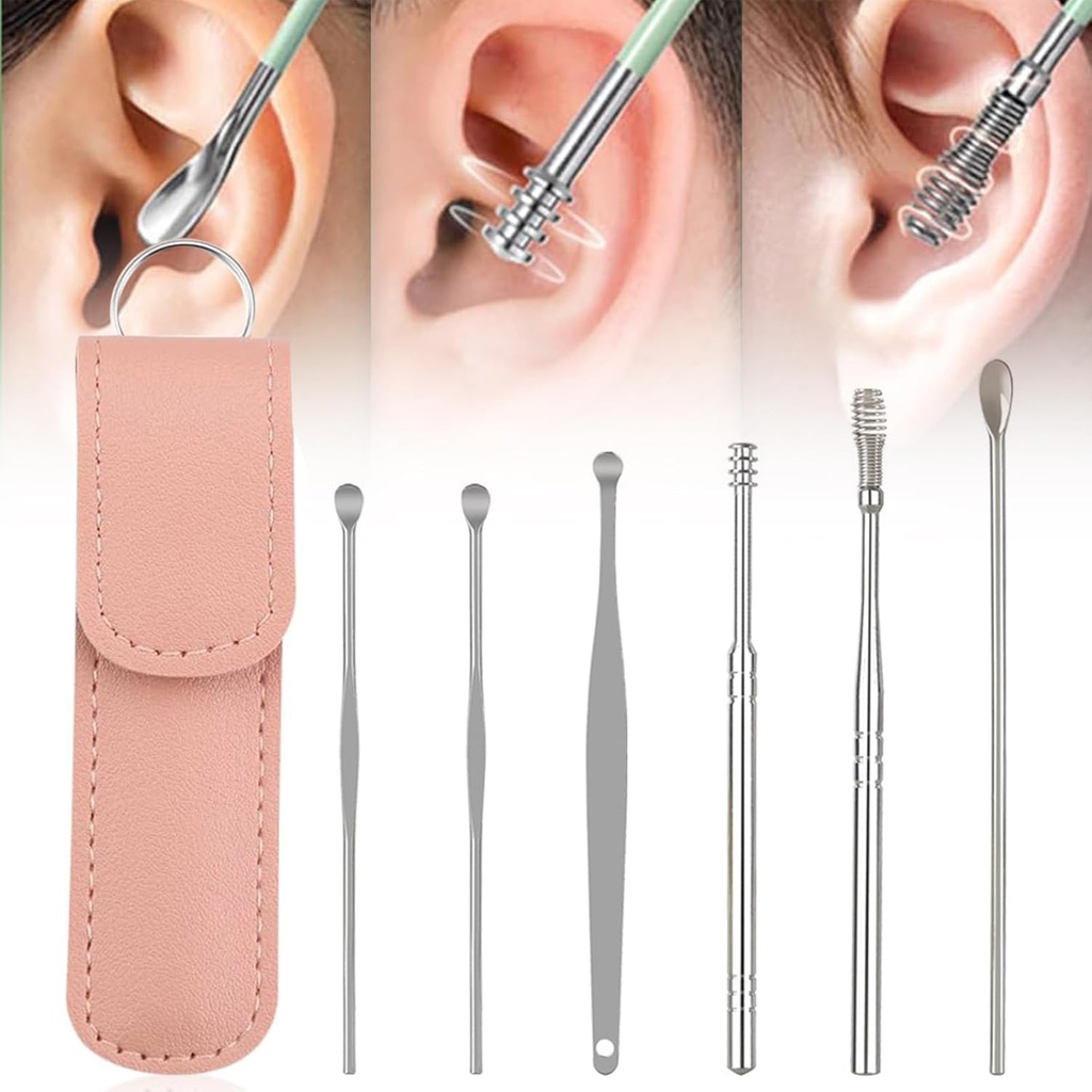Ušný čistič, 2024 New Satinless Steel 360° Spiral Earwax Cleaner Tool Set with PU Kožené puzdro, Ear Cleaning Kit, Domáce Creative Portable Ear Cleaning Kit pre mužov a ženy (E Typ*1)