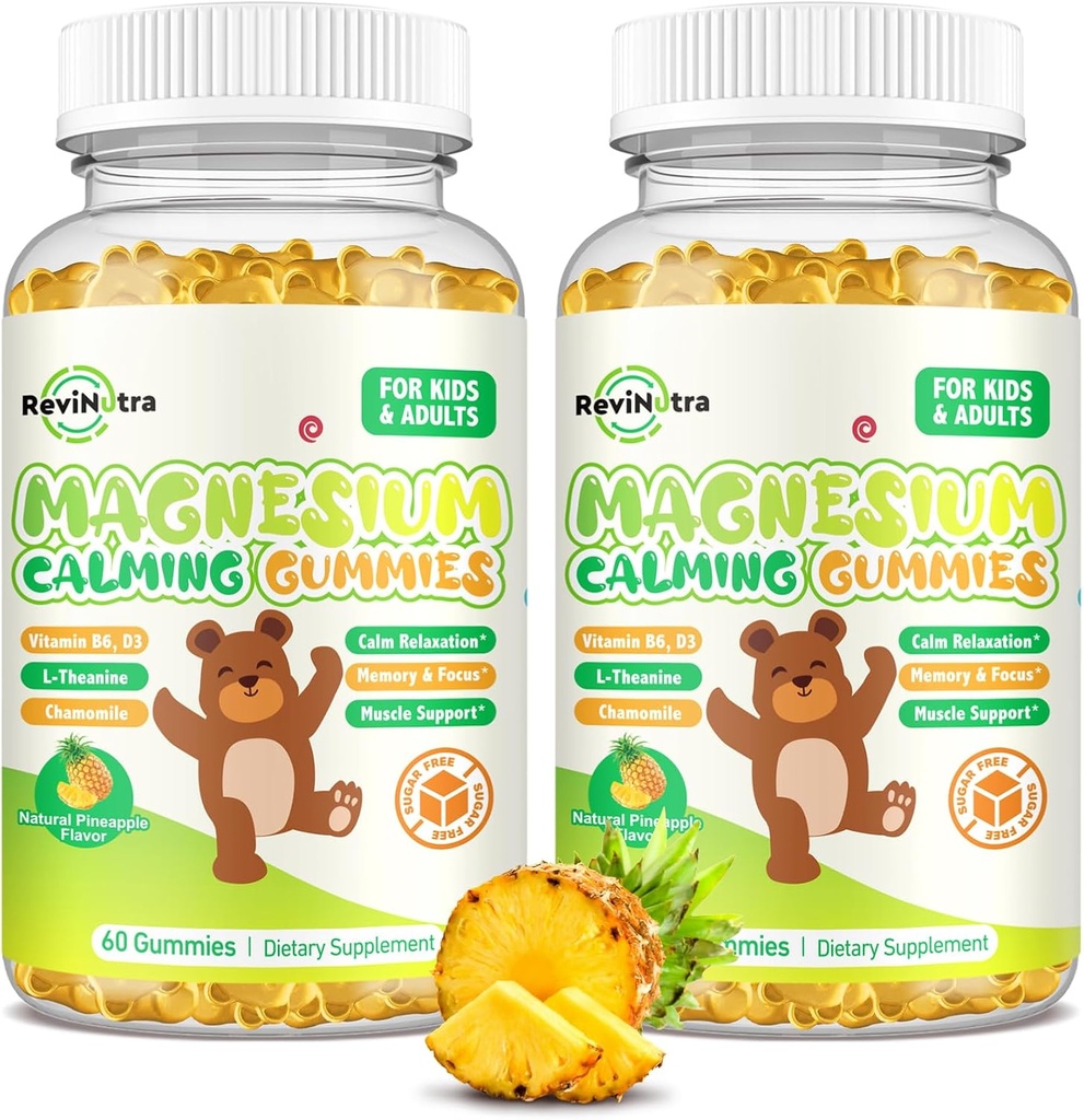 Horčík Gumičky pre deti - Horčík Glycinate Gumies Supplement with L-Theanine, Vitamín B6, D3 pre dospelých a deti, Pokojný horčík pre spánok, Relaxácia, Mozog, Bobes, Sugar Free Ananás 120ct