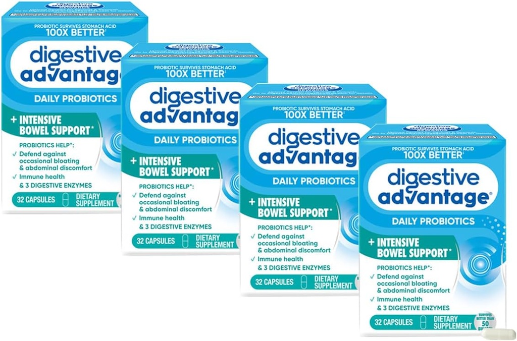 Tráviaca výhoda Intenzívne Bowel Podpora Probiotické Defends Against Gas & Bloating, 32 Počet Kapsule (4 Balenie)