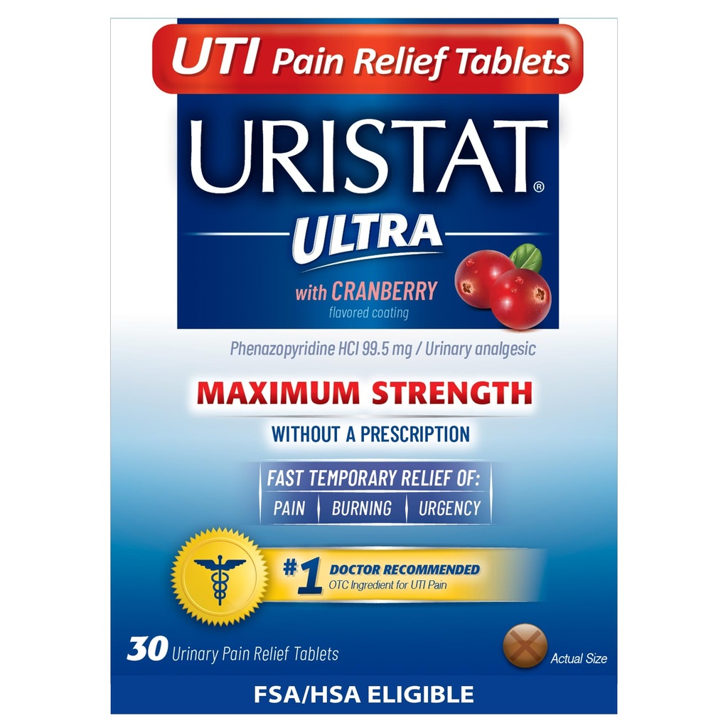Ultra UTI tablety na úľavu od bolesti Uristat, rýchle močové trakčné infekcie Relief of Urinary Bolesť, pálenie, nutkanie, maximálna sila, brusnicovo ochutený povlak, 30 tabliet