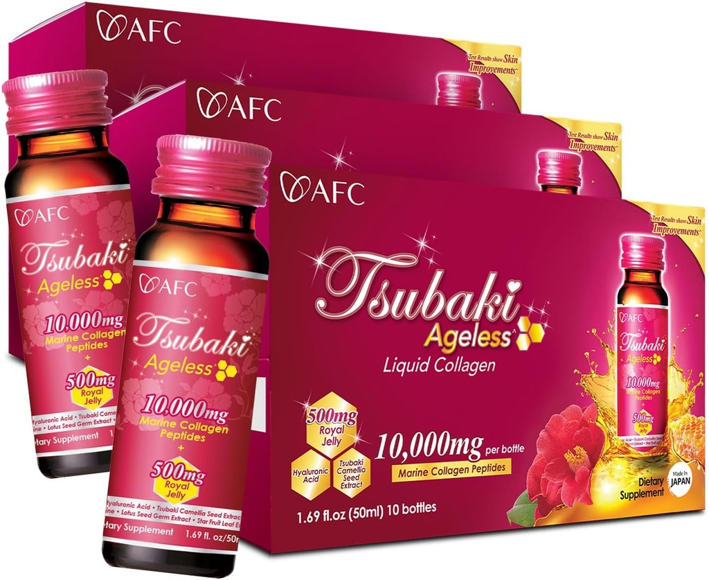 AFC Japonsko Tsubaki Ageless Beauty Collagen Drink z Japonska s 10 000 mg Marine Collagen Peptidy + 500 mg Royal Jelly + Kyselina hyalurónová + Vitamín B & C pre revitalizáciu kože 1.69fl.ozx10sx3