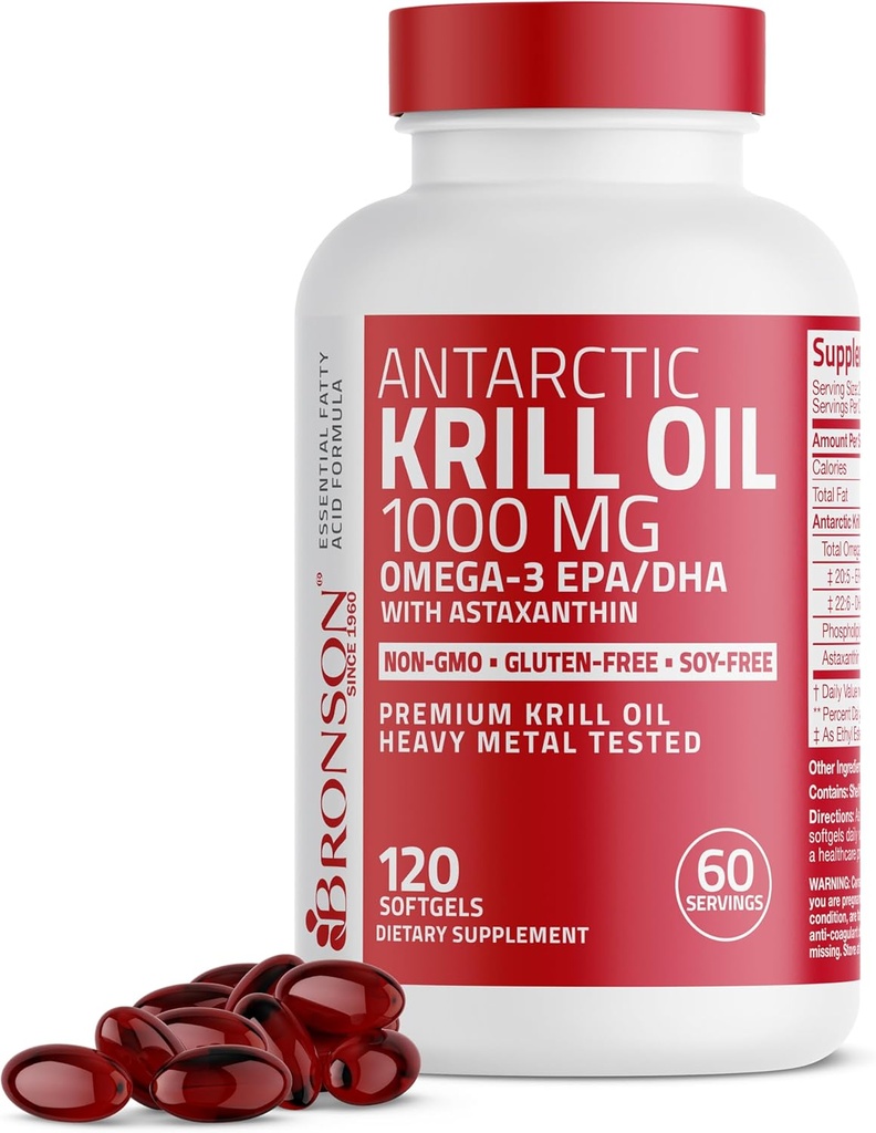 Bronson Antarktída Krill Oil 1000 mg s Omega-3s EPA, DHA, Astaxantín a fosfolipidy 120 Softgels