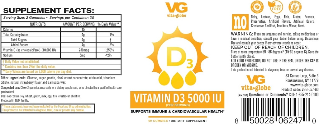VITA GLOBE Vitamín D3 10 000 IU 250 μg s zinkom a echinaceou Gummy - podporuje zdravý imunitný systém, silné kosti, zuby a svaly, počet 120 (Stock of 2)