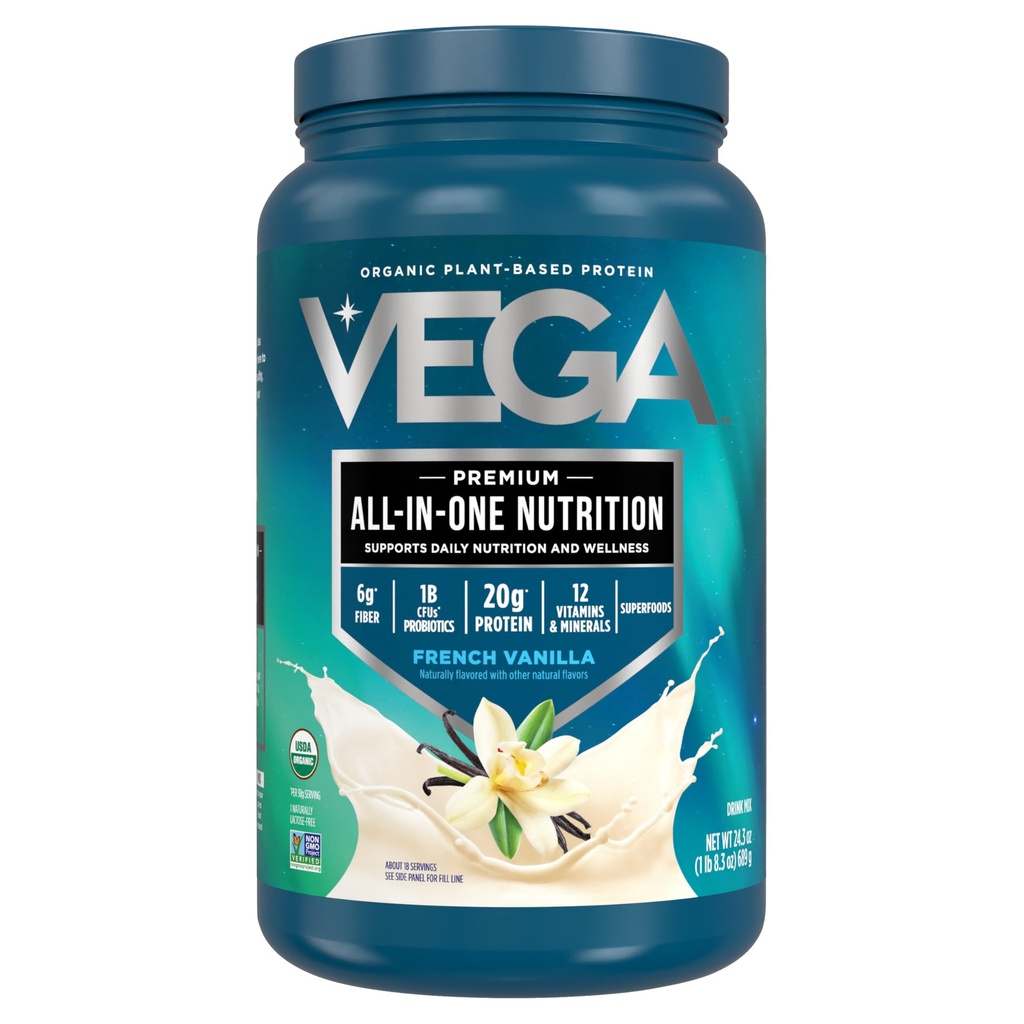 Vega Organic All-in-One Vegan Protein Powder, Francúzska Vanilla -Superfood Ingredients, Vitamíny pre Imunity Support, Keto Friendly, Pea Protein for Women & Muži, 1,5 libier (Pack of 1)