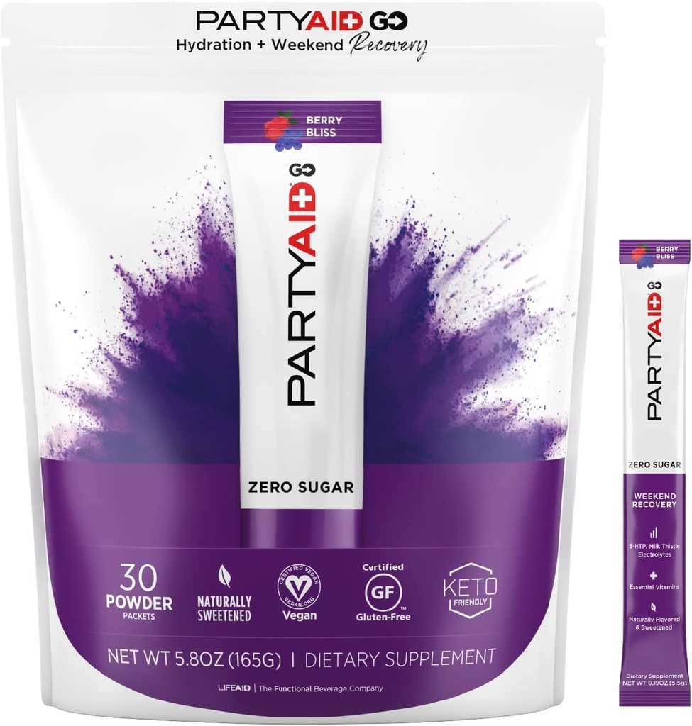PARTYAID GO Cíťte sa dobre dnes večer a zajtra, Zero Sugar, 5-HTP, B-Complex, Milk Thitle, Electrolytes, Žiadne umelé príchute alebo sladidlá, kofeín-bez, 30 Počet (Stock of 1)