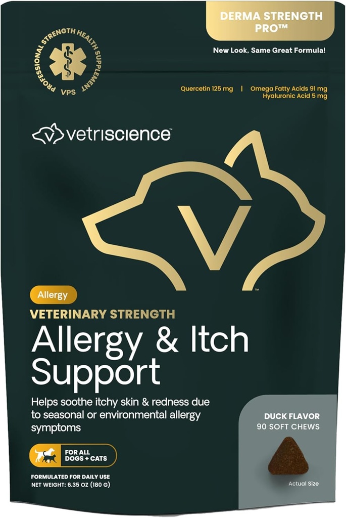 VetriScience Veterinary Strength Allergy & Itch Support Chews - Seasonal Allergy Support Supplement for Pets - Pet Skin Sensitivity Support - Cats & Dogs - Duck Flavor - 60 Chews