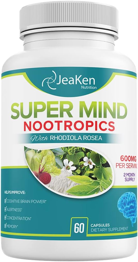 Super myseľ - Nootropics Cognitive Enhancer - Mozog Boost doplnok s prírodnými zložkami - Bacopa Monnieri - Rhodiola Rosea - Ginkgo Biloba - Vitamín B12-60 Vegan Kapsule vyrobené v USA