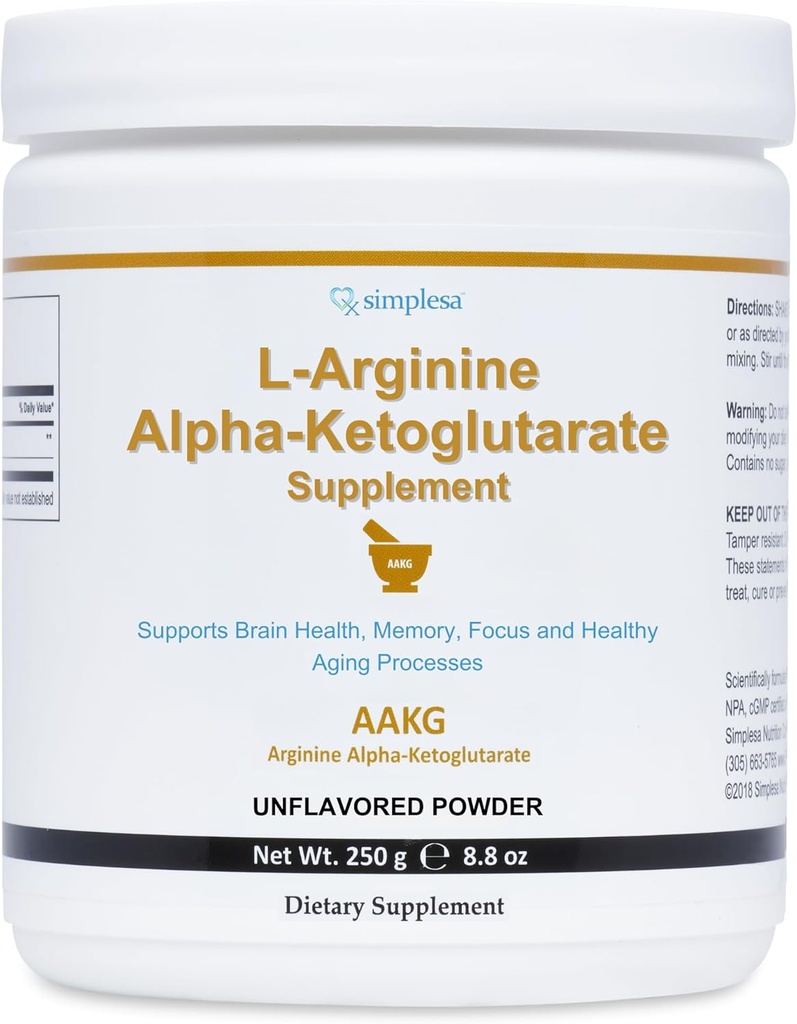 Simplesa AAKG Arginin Powder, L-Arginín Alpha-Ketoglutarát Supplement, 2000mg per serving, podporuje zdravie mozgu, pamäť, zameranie a zdravý proces starnutia, 250g prášok doplnok