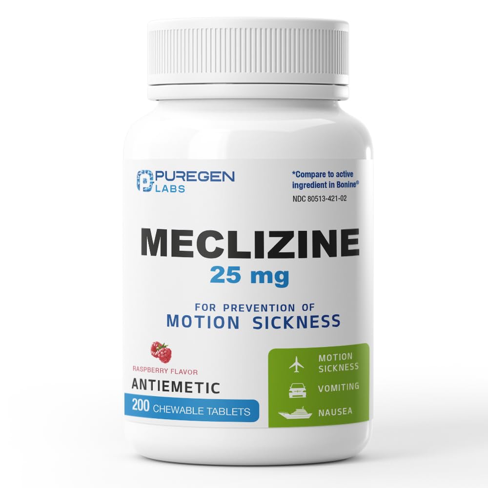 Puregen Labs Meclizine 25 mg Antiemetic 200 žuvacie tablety 