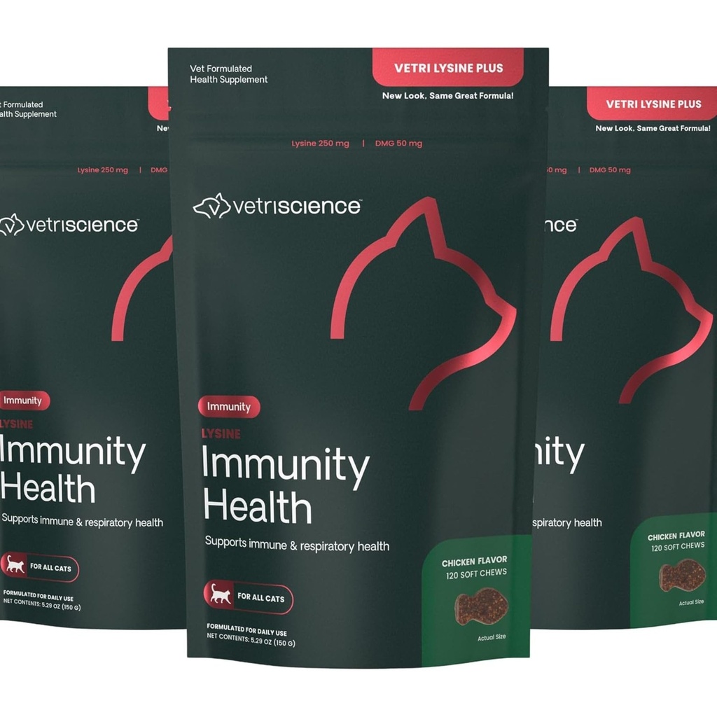 VetriScience Lysin Imunity Health Chews, 250 mg Lysin Plus Immune Supplement for Mačky a mačky s alergiami, sipot, Runny Nose a Vodnaté oči, Kurča, 3 balenie