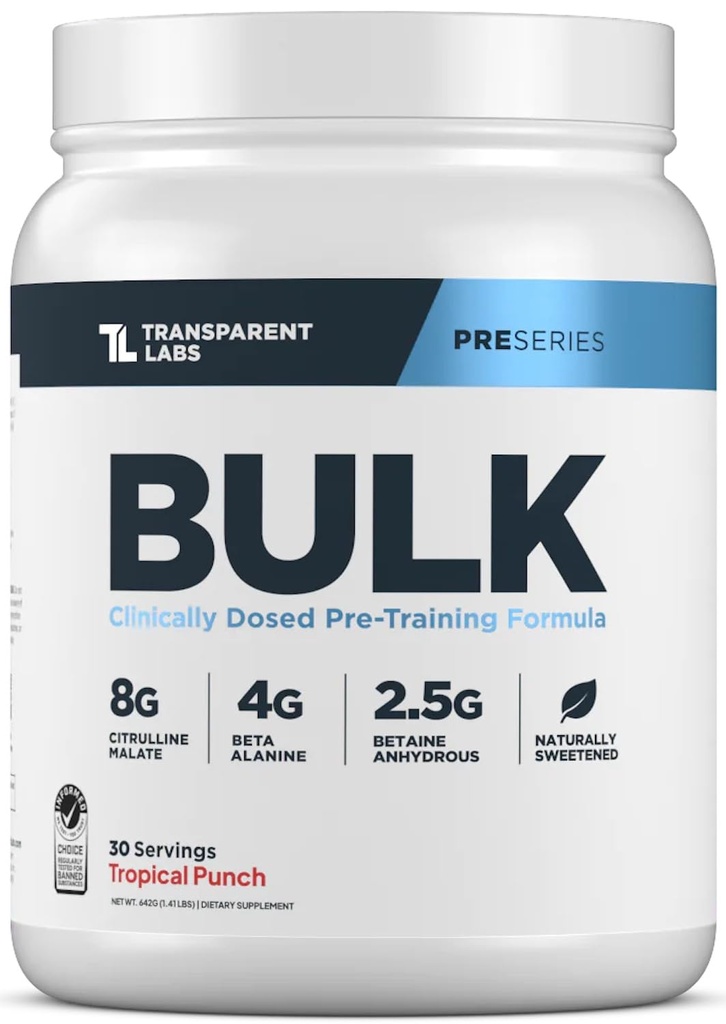 Transparentné Labs hromadne pred tréningom prášok - Prirodzene sladené Advanced Pre-Workout Formula pre budovanie svalov a sily - 30 slúži, Tropical Punch