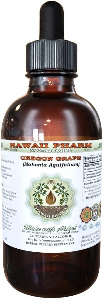 Hawaii Pharm Oregon Grape-Free Liquid Extract, Oregon Grape (Mahonia aquifolium) Sušený Root Glycerit Natural Herbal Supplement, USA 2oz