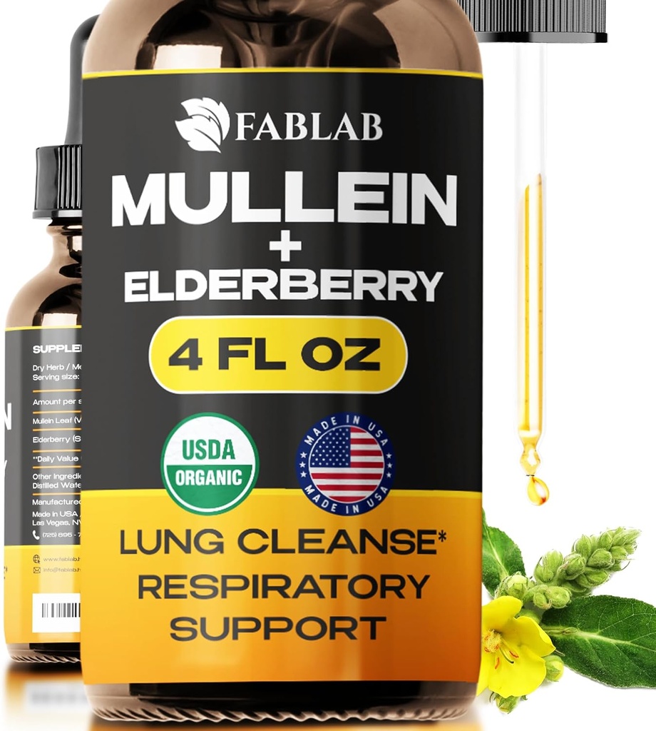 FabLab Mullein Leaf Extract s bazami 4 Fl Oz - Made in USA - Drops for Better Lung - Mullein Tinture for Lung Detox - Bronchial Cleanse for Smokers - Respiratory Herbal Supplement