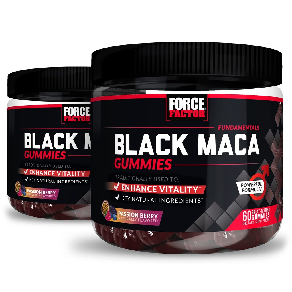 Force Factor Black Maca Gummies, 2-Pack, Black Maca Root pre zvýšenie mužskej vitality, zvýšenie energie a sily, s BioPerine pre superabsorpciu, Delicious Passion Berry Flavor, 120 Gummies