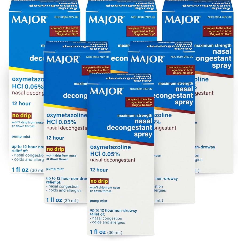MAJOR Maximálna sila Nasal Dekongestant Spray, Oxymetazolín HCl 0,05% Pumpa Mist, Non-Drowsy Nasal Spray, až 12-hodinový Relief from Nasal Congestion, Cold, and Alergies 1 Fl. Oz. (6-Pack)