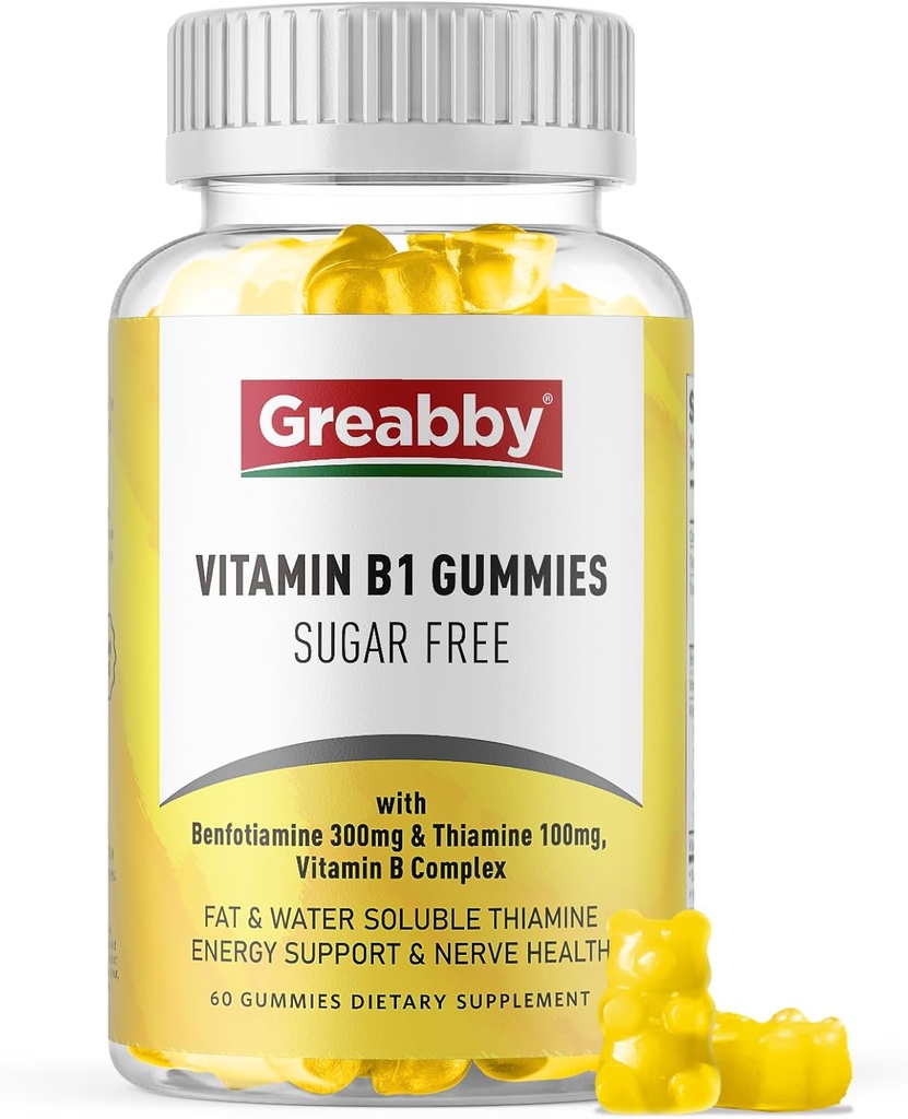 Vitamín B1 Gummies - Benfotiamín 300 mg & Thiamine 100 mg, bez cukru, vitamín B komplex žuvacie doplnok, Energy Boost & Nervisive System Health for Women Men, 60 Gummies