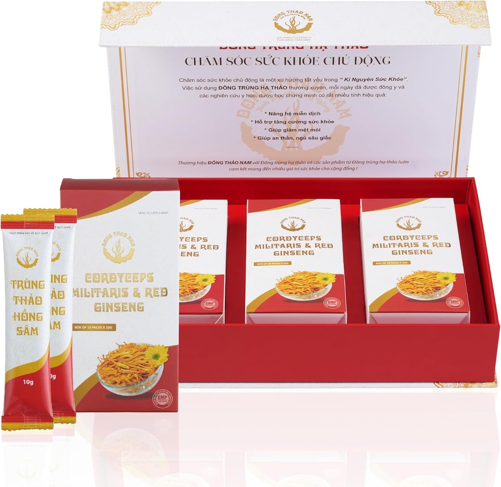 Dong Thao NAM - Organické červené ženšen a Cordyceps prášok, 6 v 1 Bylinný extrakt, zvyšuje bdelosť, zvyšuje energiu a znižuje únavu, kofeín zadarmo, balenie 30