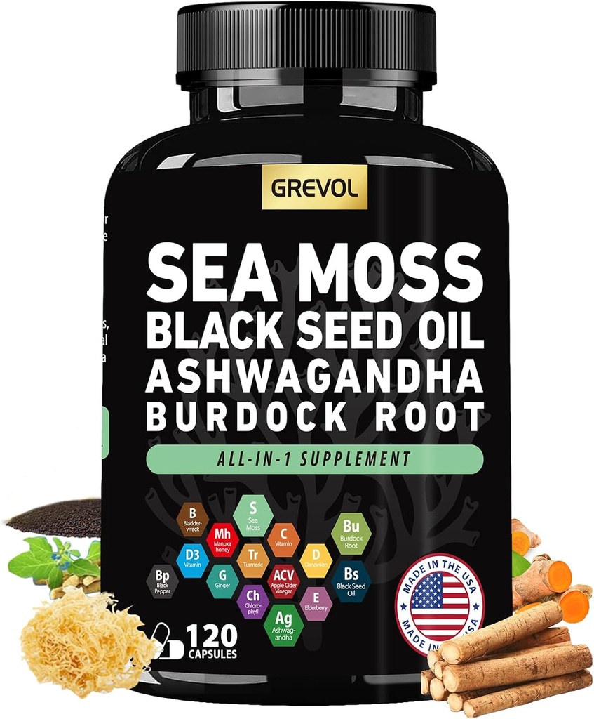 Sea Moss Kapsule s Ashwagandha Black Seed olej Bladderwrack Burdock Koreň Turmerica a vitamín C3 bazová ACV čierne korenie - Multiminerálne doplnok - 120 Počet