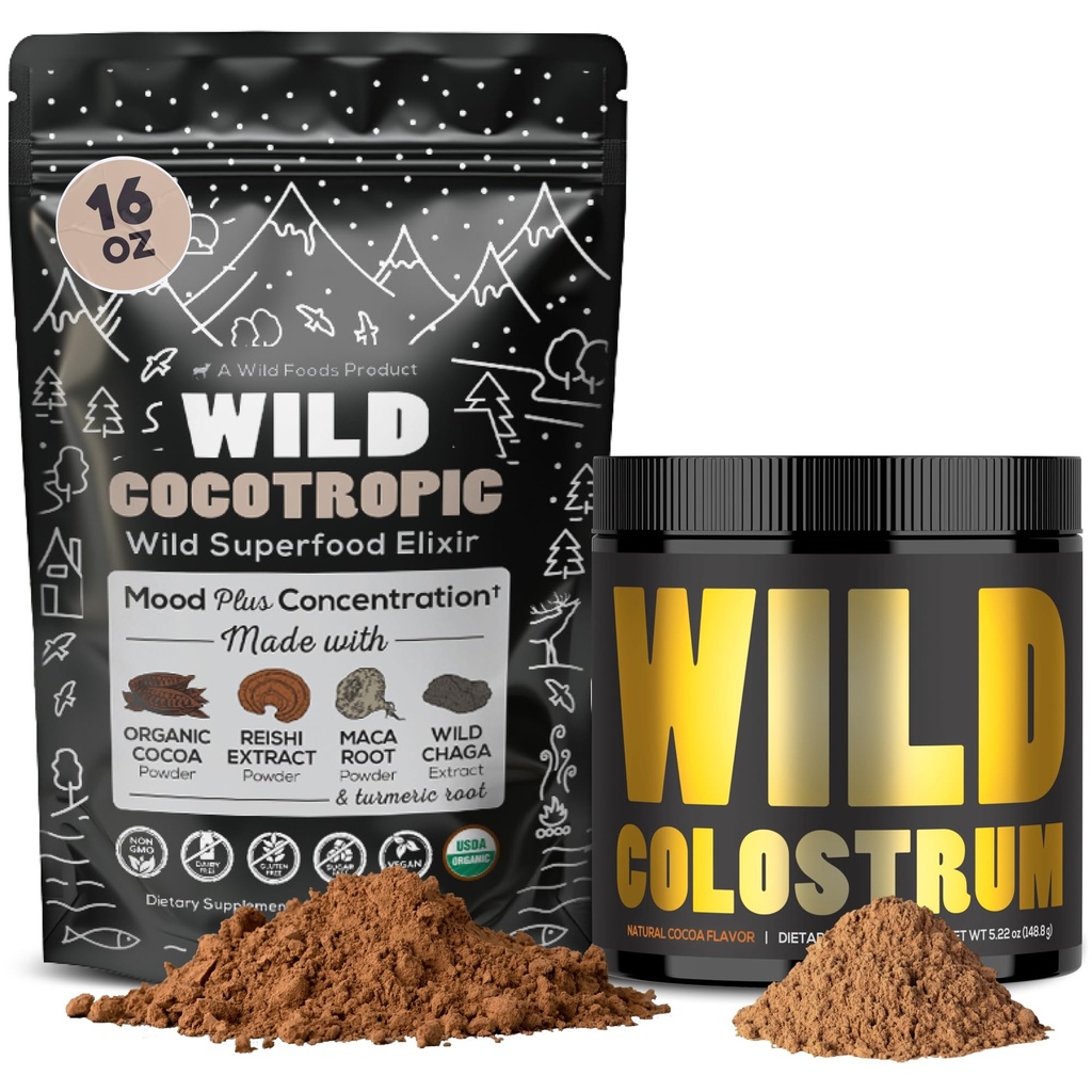 Cocotropic Organic Mushrom Cacao Mix (16oz) a Colostrum Powder (5.22oz) Bundle for Gut Health and Energy