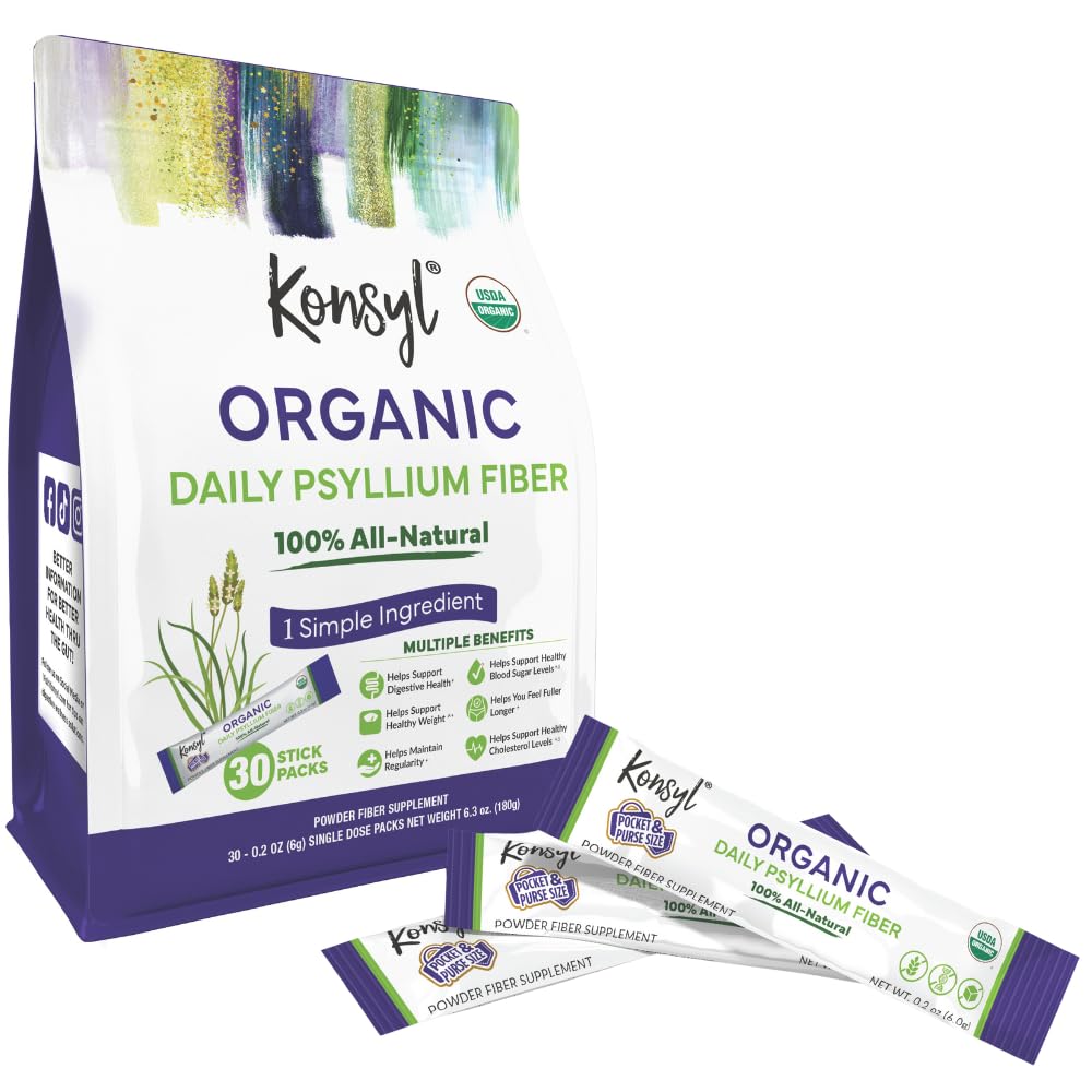 Konsyl Organic Daily Psyllium Fiber Stick Packs - On-The-Go Fiber Supplement Powder - Pohodlné, All-Natural Rozpustné Fiber, Gluten-Free & Cukor-Free, Vegan & Keto - 30 paketov