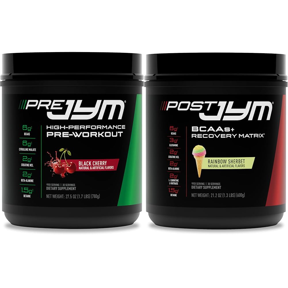 PRE JYM 30 Čierna Cherry & Post JYM Rainbow Sherbert Post-Workout 30 Slúži na zotavenie svalov Nápoj