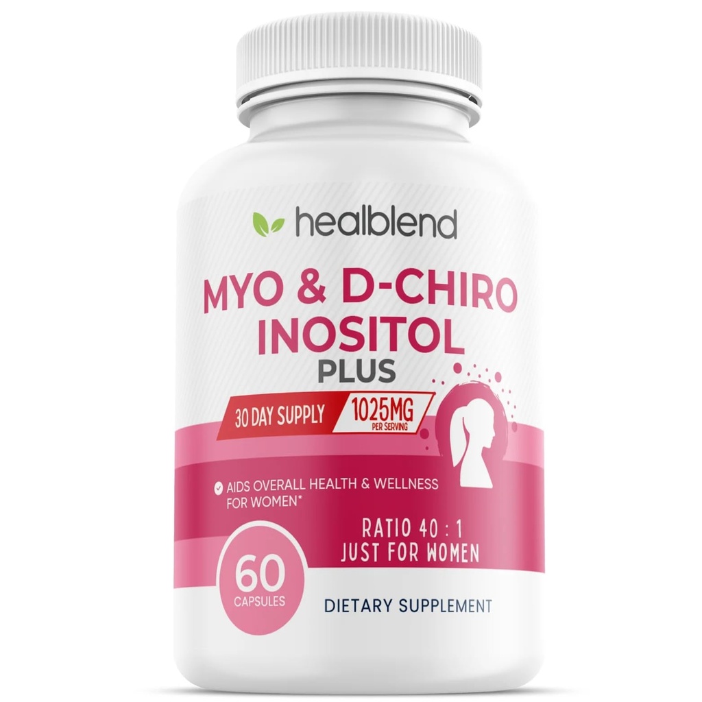 Myo & D- Chiro Inozitol Plus Supplement Blend, Hormonálna rovnováha, zdravá ovulácia a celková podpora wellness pre ženy, plodnosť a tehotenstvo zdravie, 60 kapsúl