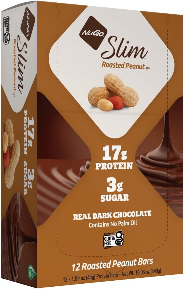 NuGo Slim Tmavá čokoláda Pražená Arašidová, 16g Bielkoviny, 2g Cukor, 7g Fiber, Nízka čistá karb, Keto Friendly, Gluten Free, 12 grófov