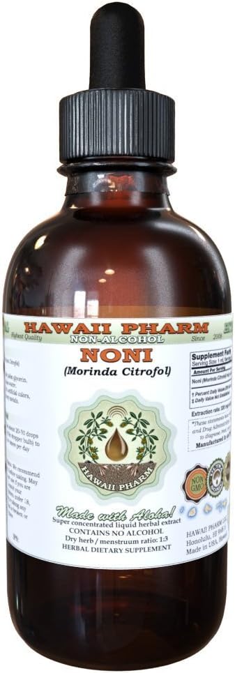 Noni Liquid Extract bez obsahu alkoholu, Organic Noni (Morinda citrifolia) Sušený Ovocný glycerit Natural Herbal Supplement, Hawaii Pharm, USA 2 fl.oz